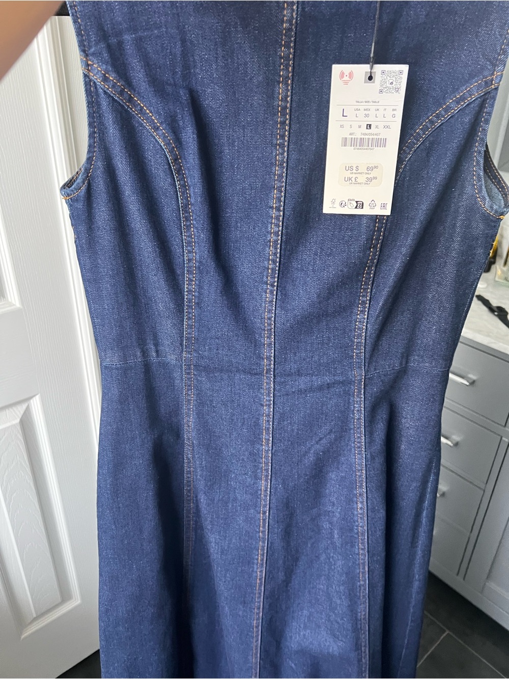 ZARA Dark Denim Sleeveless Midi Dress, Size L. - Picture 6 of 12